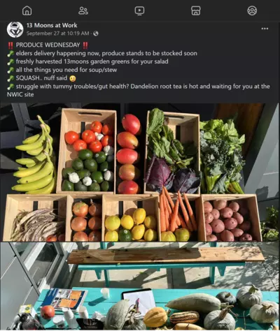 Screenshot of a Facebook post, which shows a stand full of produce. The words "Produce Wednesday" are at the top.