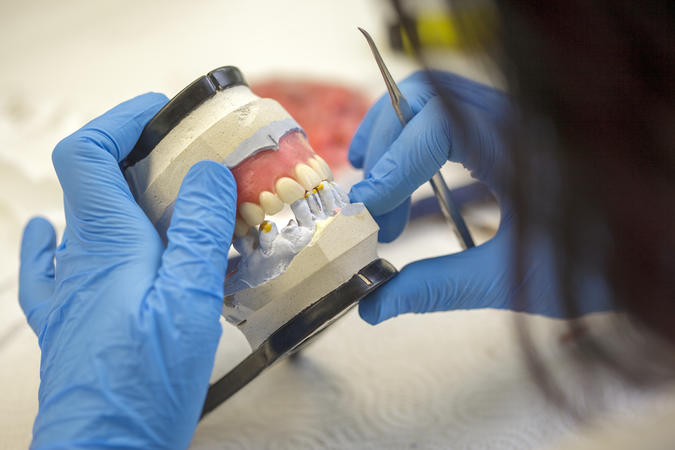 Dental lab technician working on a denture. 